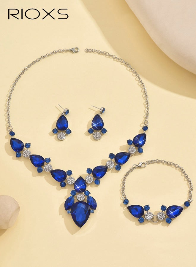 RIOXS Bride Jewelry Set, Crystal Wedding Necklace Earrings Bridal Rhinestone Teardrop Pendant Accessories for Women and Bridesmaids (3 piece set - 2 earrings and 1 necklace) - Image 3