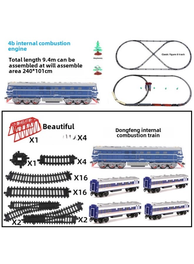 A18 Electric Green Leather Dongfeng 4B Internal Combustion Engine Train Track Luminous Carriage Toy High-speed Rail Train Suit Model-Color:Blue Cat Head + 9.4m Track + 4 Blue Passenger Car Without Lights-Scale:Ordinary Aa Battery - Image 1