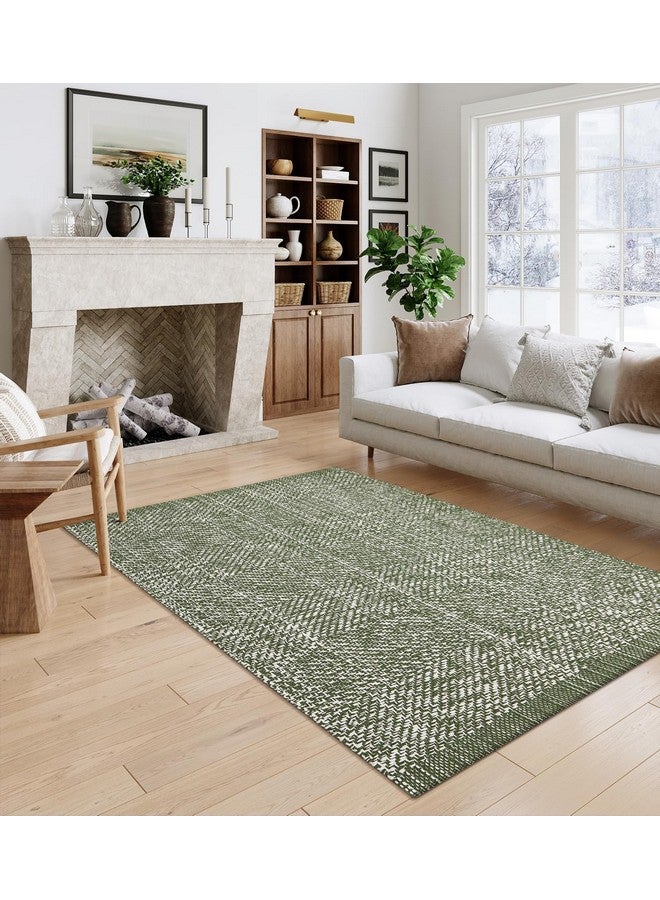LEEVAN Washable Area Rug 4x6, Hand-Woven Cotton Living Room Rug, Green Braided Bedroom Rug, Farmhouse Indoor/Outdoor Floor Carpet for Patio, Nursery, Office, Playroom, Dining Room - Image 1