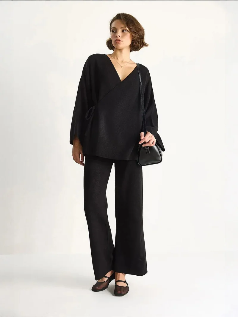 Bianco Lucci LUCCI Double Breasted Tie Blouse and Wide Leg Pants Set