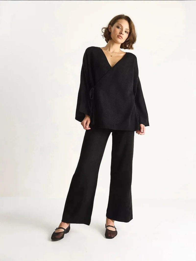 Bianco Lucci LUCCI Double Breasted Tie Blouse and Wide Leg Pants Set