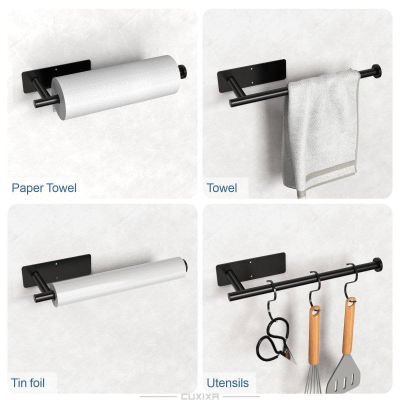 CUXIXA Paper Towel Holder Under Cabinet 2 Pack, Under Counter Paper Towel Holder Wall Mount with Self Adhesive and Screws for Kitchen, Bathroom, RV(Stainless Steel, Black) - Image 3