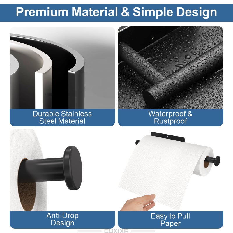 CUXIXA Paper Towel Holder Under Cabinet 2 Pack, Under Counter Paper Towel Holder Wall Mount with Self Adhesive and Screws for Kitchen, Bathroom, RV(Stainless Steel, Black) - Image 4