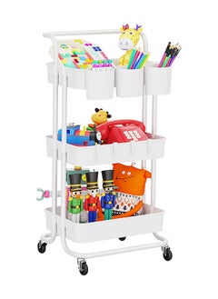 Arabest 3-Tier Rolling Utility Cart with Hanging Cups & Hooks & Handle, Multifunctional Art Cart Organizer Storage with Wheels, Easy Assembly for Office, Bedroom, Kitchen, Bathroom, Laundry (White)  - Image 1