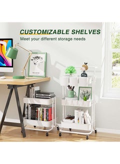 Arabest 3-Tier Rolling Utility Cart with Hanging Cups & Hooks & Handle, Multifunctional Art Cart Organizer Storage with Wheels, Easy Assembly for Office, Bedroom, Kitchen, Bathroom, Laundry (White)  - Image 5