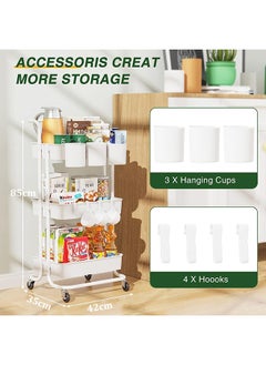 Arabest 3-Tier Rolling Utility Cart with Hanging Cups & Hooks & Handle, Multifunctional Art Cart Organizer Storage with Wheels, Easy Assembly for Office, Bedroom, Kitchen, Bathroom, Laundry (White)  - Image 3