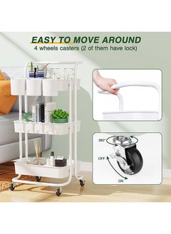 Arabest 3-Tier Rolling Utility Cart with Hanging Cups & Hooks & Handle, Multifunctional Art Cart Organizer Storage with Wheels, Easy Assembly for Office, Bedroom, Kitchen, Bathroom, Laundry (White)  - Image 4
