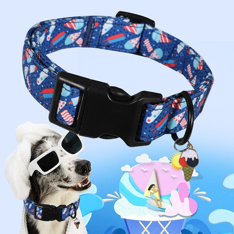 L Size Red White Blue Ice Cream Dog Collar Popsicle Print Adjustable Black Hardware - Image 1