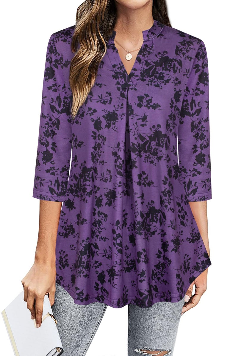 Bepei Blouses for Women Dressy Casual,Sexy Summer Woman Tops Trendy 2026 Spring Business Work Professional Office Shirts Fashion 3/4 Length Sleeve Ladies Tunic Top V Neck Flowy Clothes,Purple Black XL - Image 1