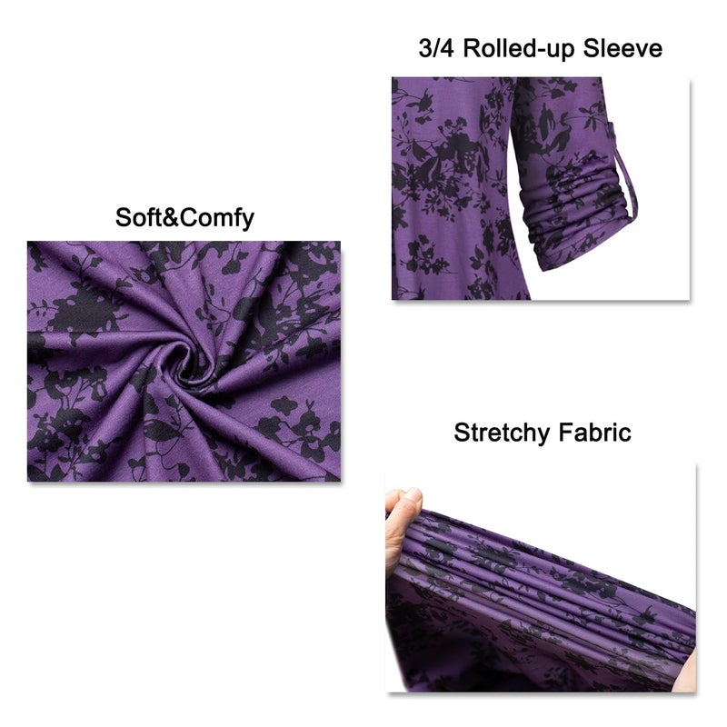 Bepei Blouses for Women Dressy Casual,Sexy Summer Woman Tops Trendy 2026 Spring Business Work Professional Office Shirts Fashion 3/4 Length Sleeve Ladies Tunic Top V Neck Flowy Clothes,Purple Black XL - Image 4