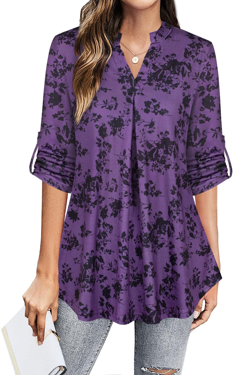 Bepei Blouses for Women Dressy Casual,Sexy Summer Woman Tops Trendy 2026 Spring Business Work Professional Office Shirts Fashion 3/4 Length Sleeve Ladies Tunic Top V Neck Flowy Clothes,Purple Black XL - Image 2