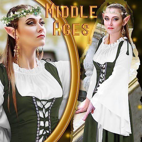 Bonuci 6 Pcs Medieval Renaissance Fairy Costume Women Halloween Elf Cosplay Outfits Victorian Dress Elf Ears Fairy Headpiece(Large/X-Large,Olive Green) - Image 4