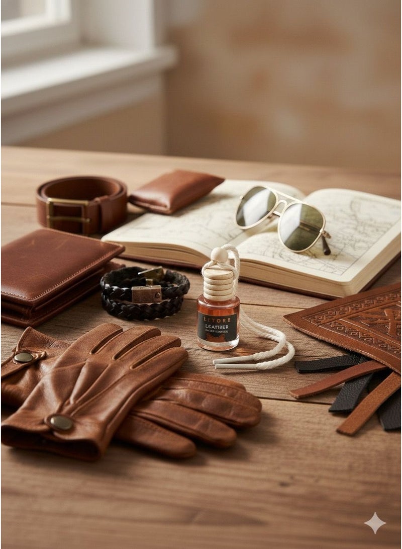 Litore Car Air Freshener 8 ml | Long-Lasting Hanging Diffuser with Essential Oils | Car Perfume for Odor Removal | Elegant Glass Bottle & Wooden Cap Design (Leather) - Image 4