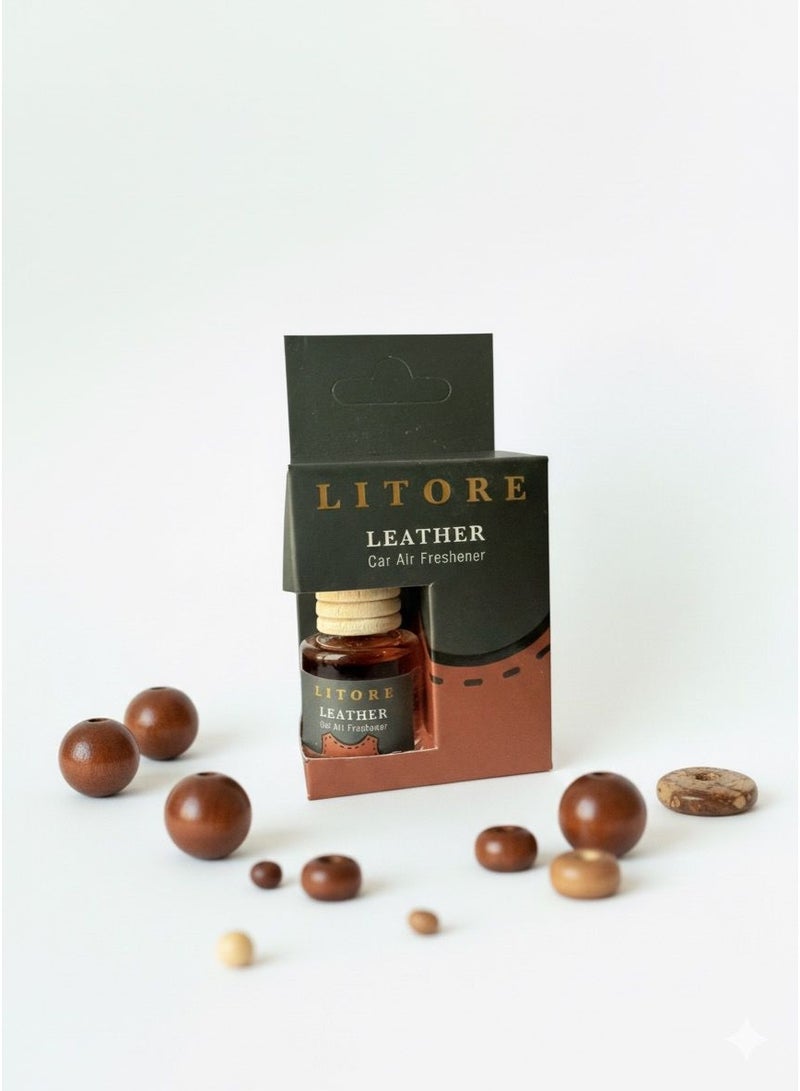 Litore Car Air Freshener 8 ml | Long-Lasting Hanging Diffuser with Essential Oils | Car Perfume for Odor Removal | Elegant Glass Bottle & Wooden Cap Design (Leather) - Image 2