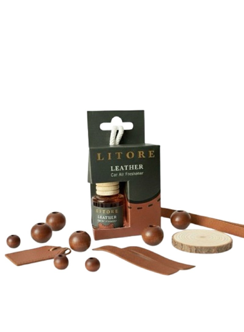 Litore Car Air Freshener 8 ml | Long-Lasting Hanging Diffuser with Essential Oils | Car Perfume for Odor Removal | Elegant Glass Bottle & Wooden Cap Design (Leather) - Image 1