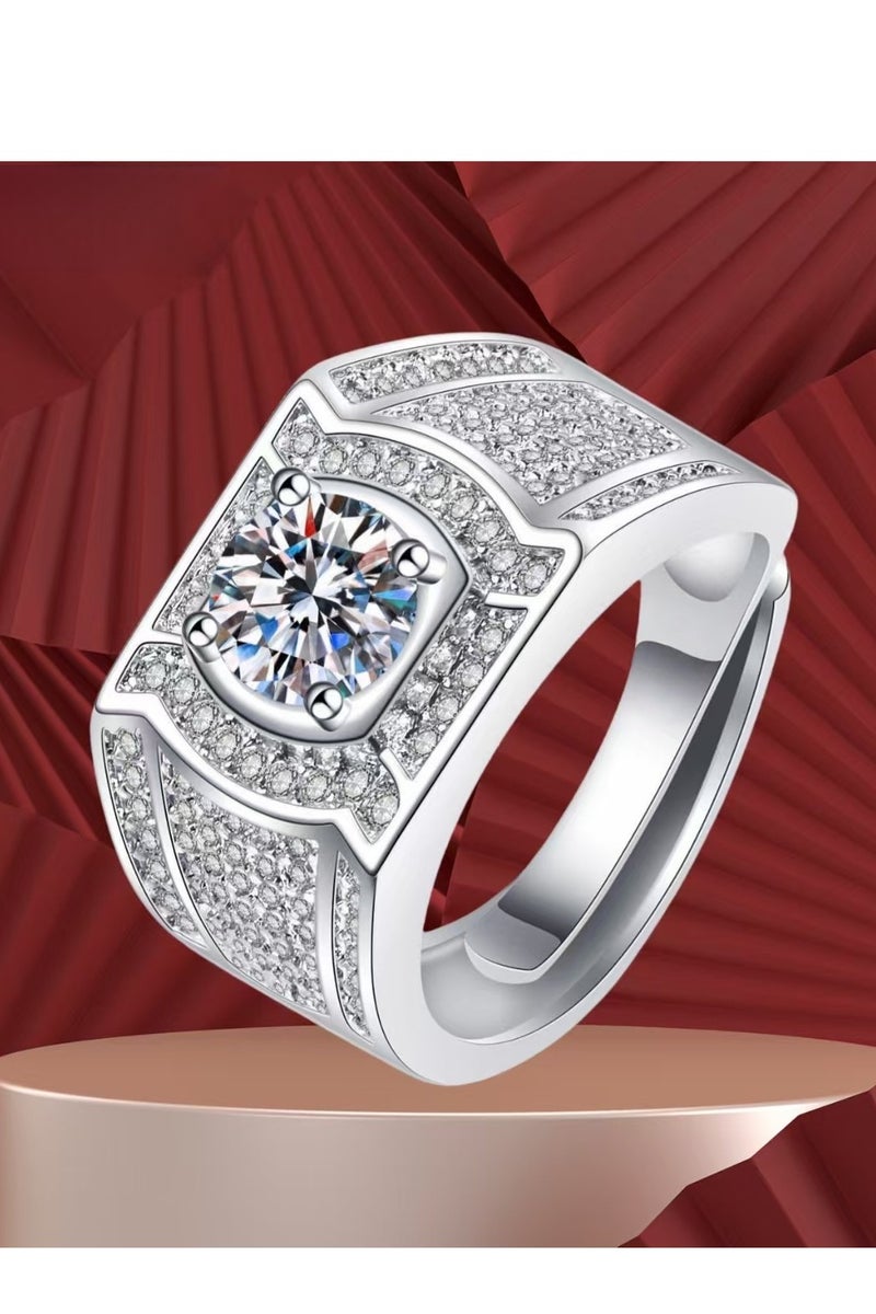 Akali 1 Carat  Moissanite Men's Wedding Ring , S925 Plated With White Gold  ,Adjustable Size , Luxury Gift Box , Ready to Gift - Image 2