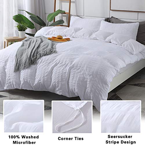 AveLom White Duvet Cover Queen (90 x 90 Inches)， 3 Pieces (1 Duvet Cover + 2 Pillow Cases) Stripe Zipper Closure Corner Ties Soft Washed Microfiber Duvet Cover for Men, Women - Image 2