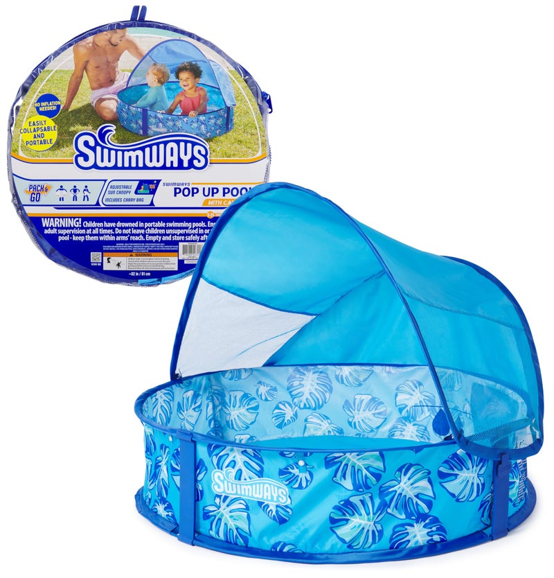 Swimways Elite Pop-Up Above Ground Pool, Baby Pool with Canopy & Carrying Case, Foldable Kiddie Pool for Ages 9-24 Months, Measures 32", Blue - Image 1