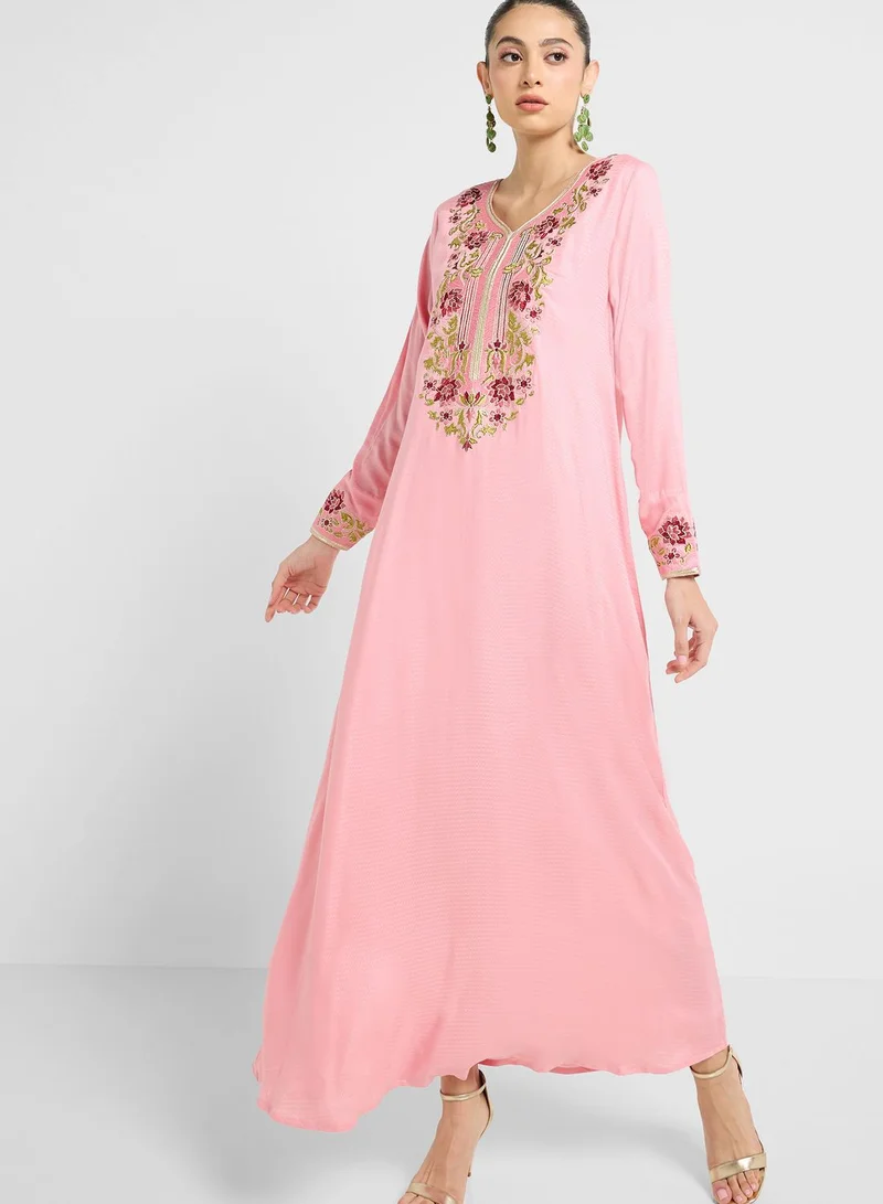 KASHKHA V-Neck Embroidered Jalabiya