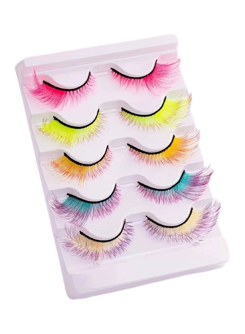 Colorful feather false eyelashes - short at the front and long at the back, soft and long-lasting growth type eyelashes. Reusable. Suitable for stage makeup, performance makeup, and special eye makeup effects. 5-pair set - Image 1
