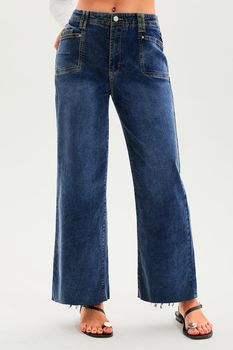 Cicy Bell Womens High Waisted Cropped Jeans Trendy Stretchy Baggy Straight Leg Raw Hem Capri Denim Pants Navy - Image 5