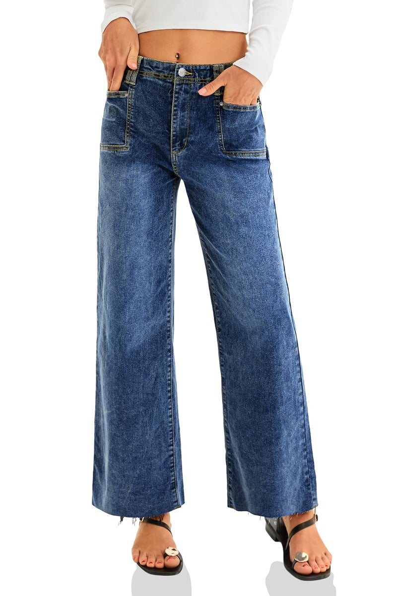 Cicy Bell Womens High Waisted Cropped Jeans Trendy Stretchy Baggy Straight Leg Raw Hem Capri Denim Pants Navy - Image 4