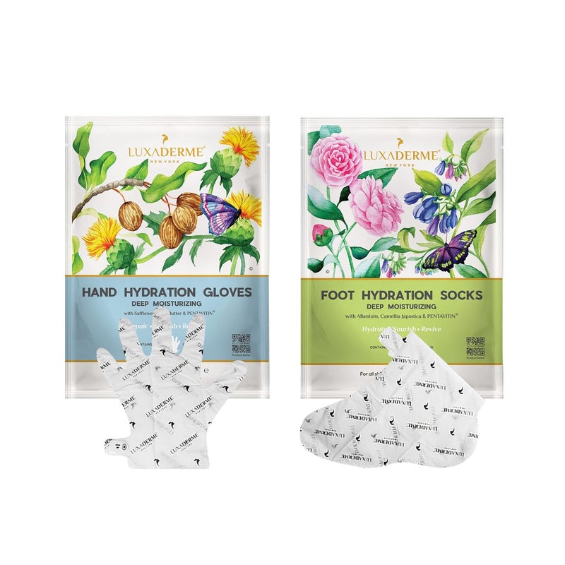 LuxaDerme LuxaDerme Deep Moisturizing Hand Hydration Gloves  Foot Hydration Socks to rejuvenating dull dry  tired hands  feet Softens nails  cuticles Contains Arginine Safflower  Shea Butter For Soft  Supple Hands and Feet  - Image 1