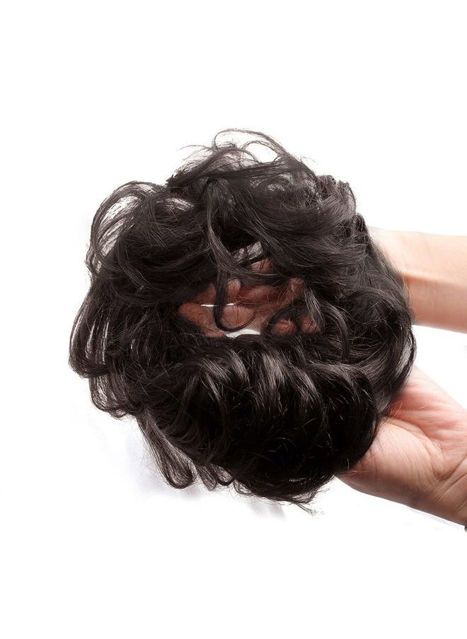 Bella Hair - 100% Real Human Hair Scrunchie Messy Bun Hair Pieces for Women, Natural Looking Elastic Wavy Curly Up-Do Chignon Extensions (#1B Natural Black) - Image 1