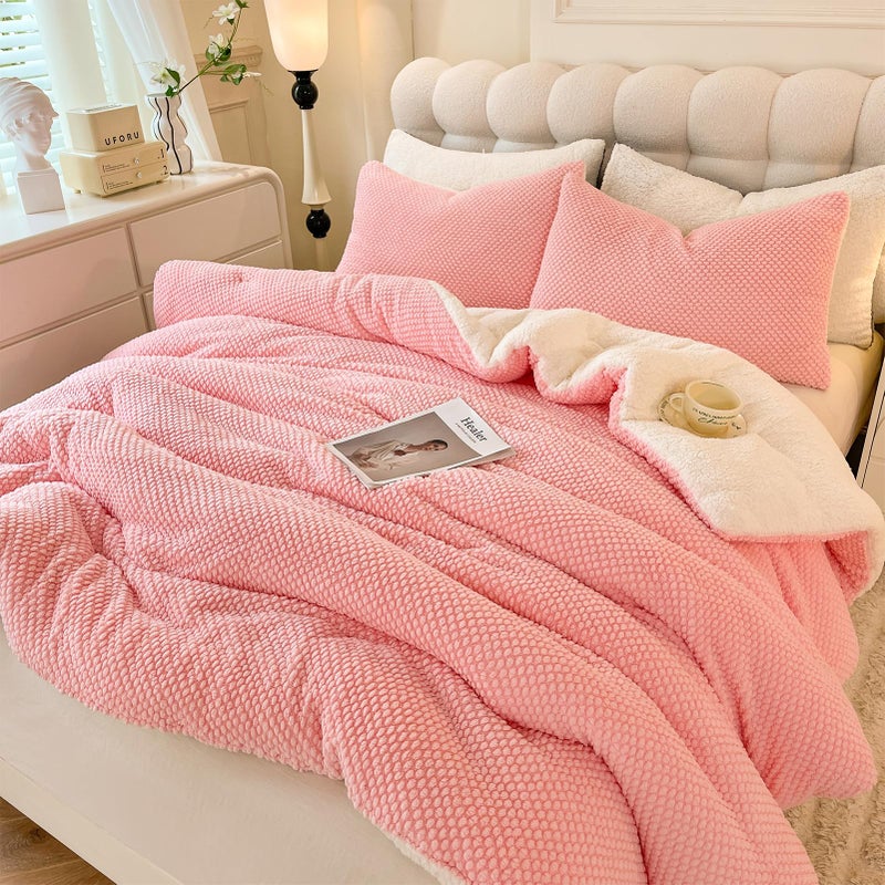 LLanCL 3D Jacquard Design Comforter Set UltraSoft Warm Queen Size Sherpa Fur Plush 3Pieces Sets Luxury Cozy Bedding with 2 Pillowcases 90x90 Pink