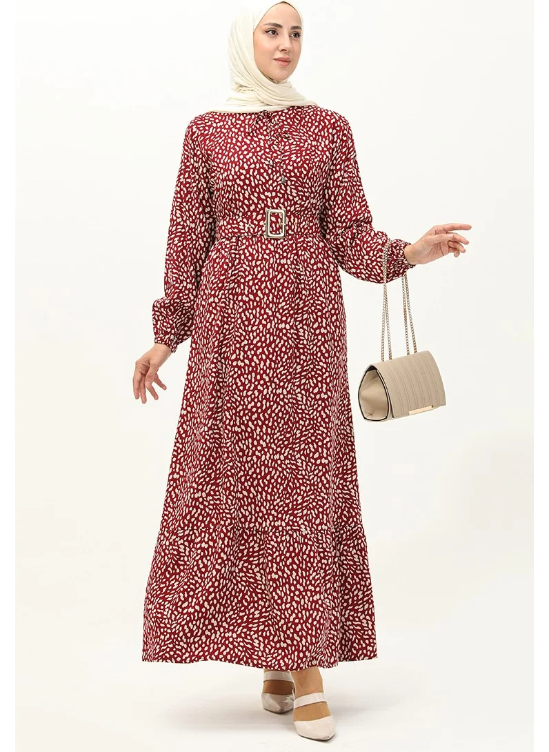 سيفا ميرفي Viscose Belted Patterned Dress 2204-05 Claret Red