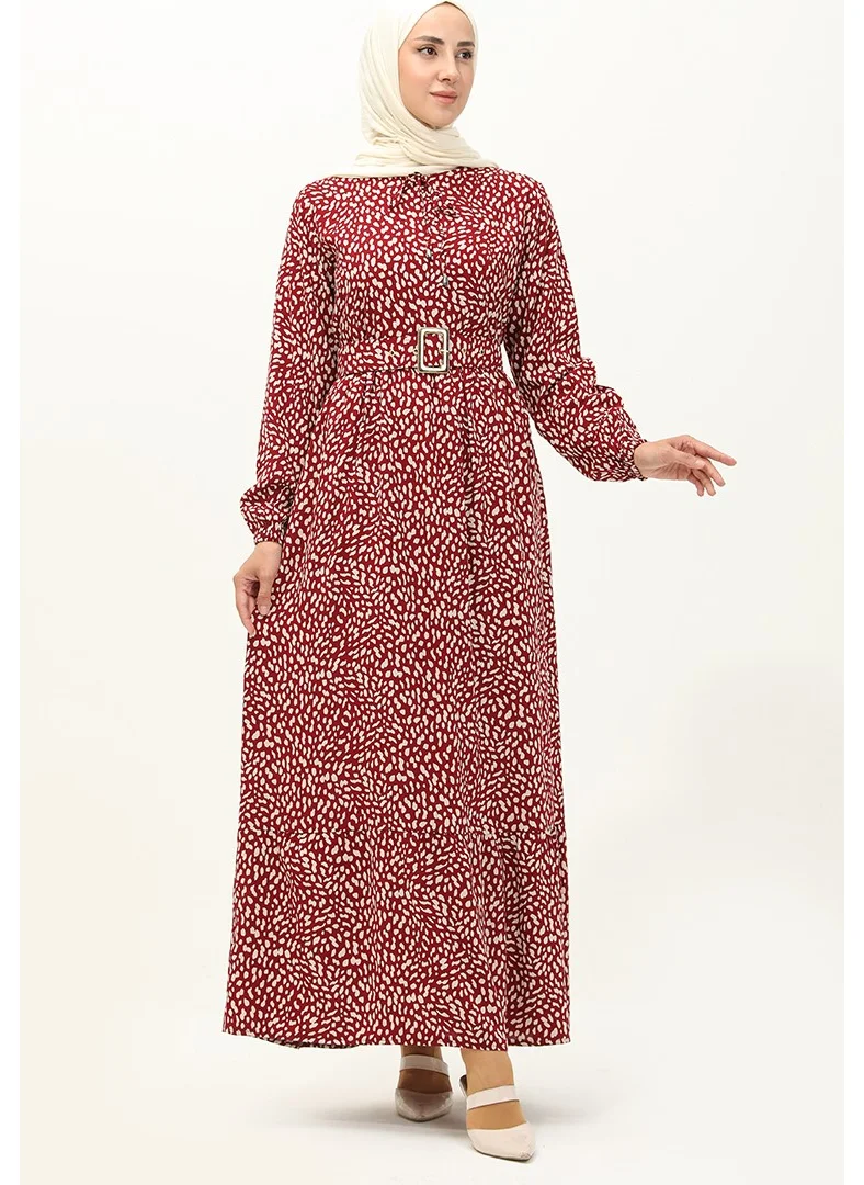 سيفا ميرفي Viscose Belted Patterned Dress 2204-05 Claret Red