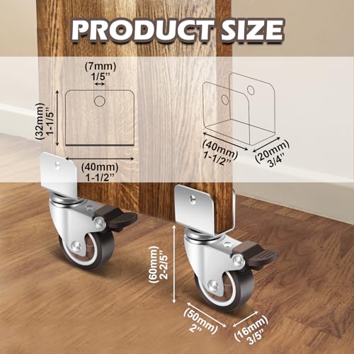 Nefish 2 Inch Caster Wheels with 3/4” (20 mm) U Bracket, Small Rubber Casters Set of 4 with Brake, 360 Degree Ball Bearing Plate Swivel Castors Wheels, Crib Caster Wheels for Dresser, Cabinet, Desk - Image 2