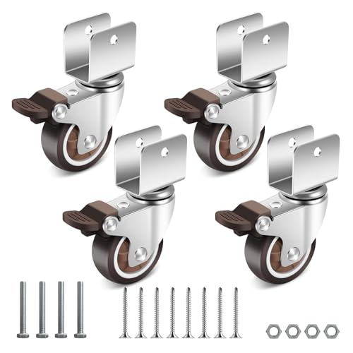 Nefish 2 Inch Caster Wheels with 3/4” (20 mm) U Bracket, Small Rubber Casters Set of 4 with Brake, 360 Degree Ball Bearing Plate Swivel Castors Wheels, Crib Caster Wheels for Dresser, Cabinet, Desk - Image 1