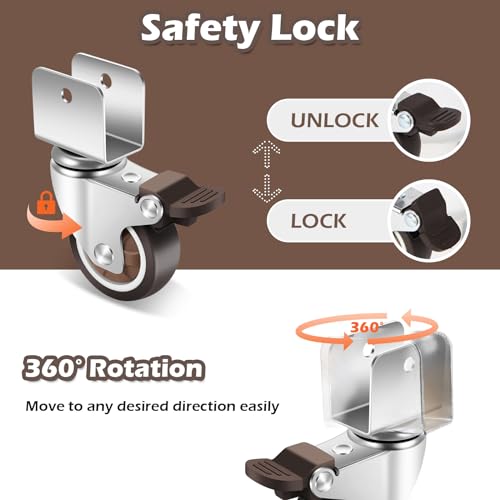 Nefish 2 Inch Caster Wheels with 3/4” (20 mm) U Bracket, Small Rubber Casters Set of 4 with Brake, 360 Degree Ball Bearing Plate Swivel Castors Wheels, Crib Caster Wheels for Dresser, Cabinet, Desk - Image 4