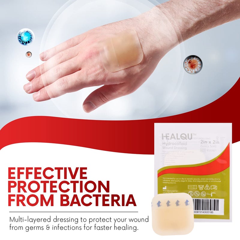 Healqu Hydrocolloid Wound Dressing - 2x2" Thin - Box of 20 Large Bandages - Sterilized Bordered Hydrocolloid Patches for Bed Sores, Abrasions, and More - Waterproof and Absorbent with Protective - Image 2