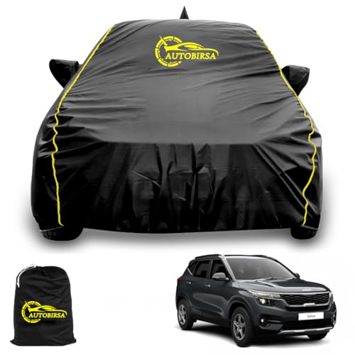 AUTOBIRSA Waterproof Car Body Cover Compatible with Kia Seltos Car Cover with Mirror & Anteena Packets Dust Proof & Belt with 4 Side Elastic Black Colour & Yellow Piping Style - Image 1