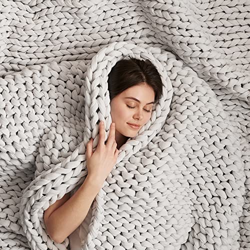 Bearaby Cotton Hand-Knit Weighted Blankets for Adults - Chunky Knit Blanket - Sustainable, Breathable, Organic, Cooling Weighted Blanket - Machine Washable (Moonstone Grey, 10 lbs, 40"x64") - Image 1