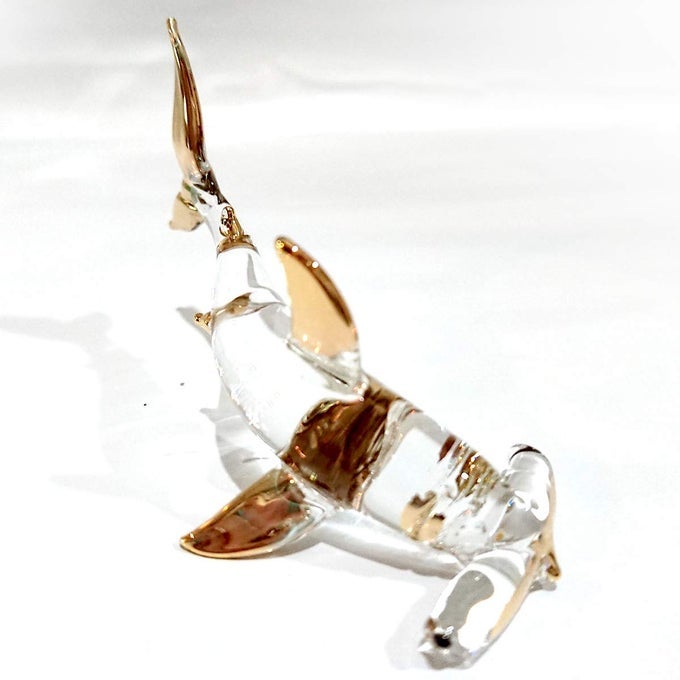 HAMMER SHARK MINIATURE FIGURINES SEA ANIMALS HAND PAINTED BLOWN GLASS ART GOLD TRIM COLLECTIBLE GIFT DECORATE CLEAR GOLD