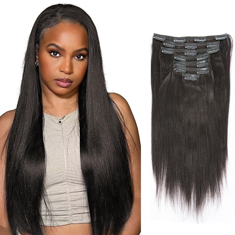 Lacer Light Yaki Straight Clip in Hair Extensions Natural Black Color Remy Human Hair Clip in Extensions for Black Women Relaxed Hair 120G 7Pieces 12 inch