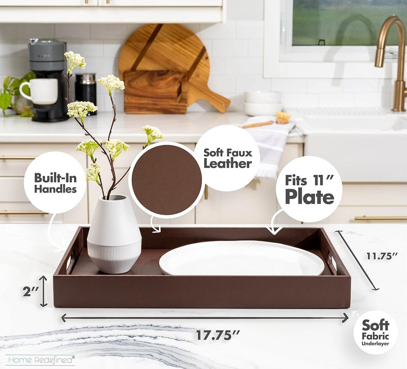 Home Redefined Beautiful Modern Elegant 18x12 Rectangle Classic Brown Faux Leather Decorative Tray Ottoman Coffee Table Perfume Living Room Kitchen Serving Tray with Handles for All Occasions - Image 3