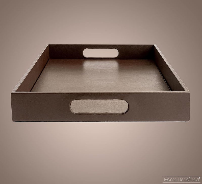 Home Redefined Beautiful Modern Elegant 18x12 Rectangle Classic Brown Faux Leather Decorative Tray Ottoman Coffee Table Perfume Living Room Kitchen Serving Tray with Handles for All Occasions - Image 4