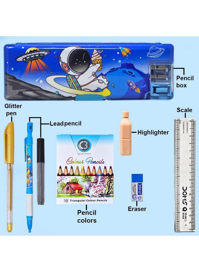 PARTEET Stationery Combo Pencil Box Inbuild LED Light, Sharpener, Dual Compartment, Magnetic Lock, Pen, Pencil, Scale, Eraser, Highlighter, Colour Pencils Set for Kids (Blue) - Image 2