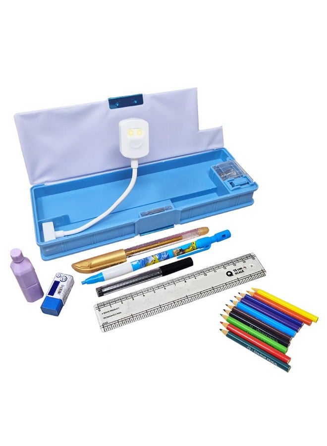 PARTEET Stationery Combo Pencil Box Inbuild LED Light, Sharpener, Dual Compartment, Magnetic Lock, Pen, Pencil, Scale, Eraser, Highlighter, Colour Pencils Set for Kids (Blue) - Image 1