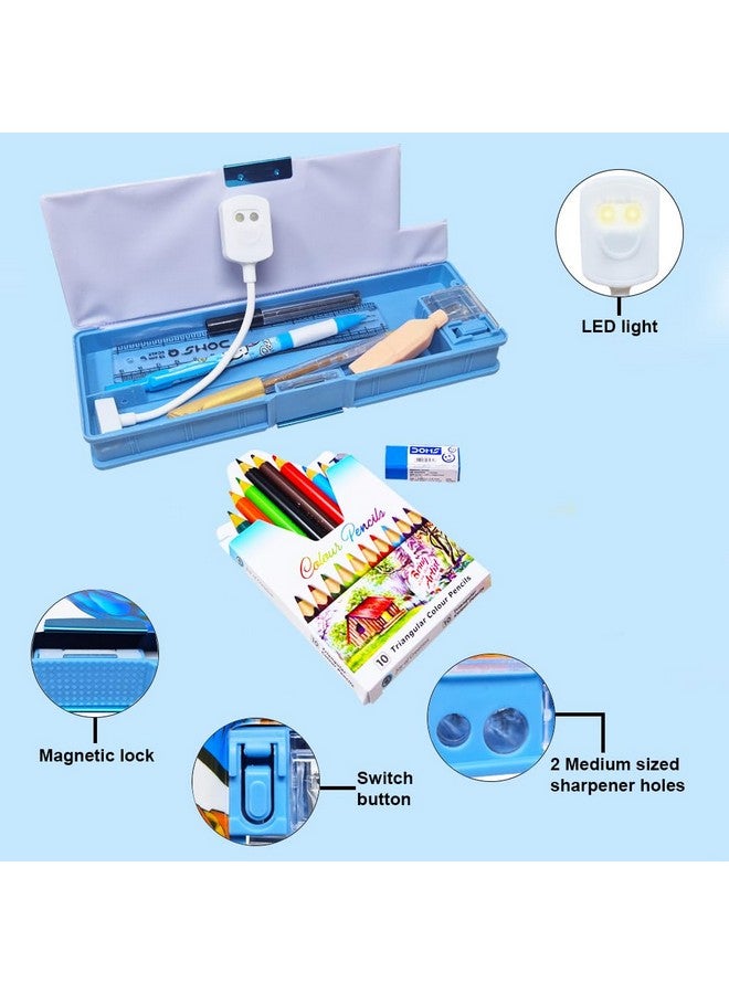 PARTEET Stationery Combo Pencil Box Inbuild LED Light, Sharpener, Dual Compartment, Magnetic Lock, Pen, Pencil, Scale, Eraser, Highlighter, Colour Pencils Set for Kids (Blue) - Image 4