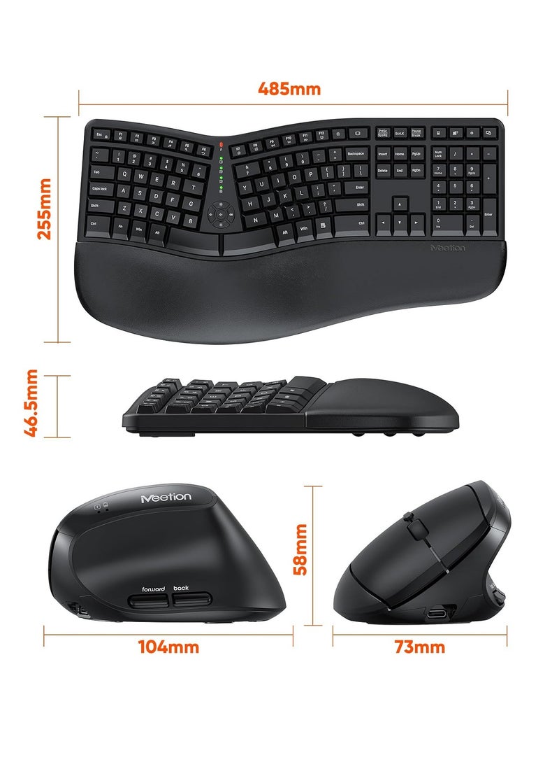 MEETION Director-C Ergonomic Wireless Keyboard and Mouse, Ergonomic Gaming Keyboard with Vertical Mouse, Split Arch Keyboard with Cushioned Wrist Palm Rest, Natural Typing Rechargeable Full Size, Windows/Mac/Computer/Laptop