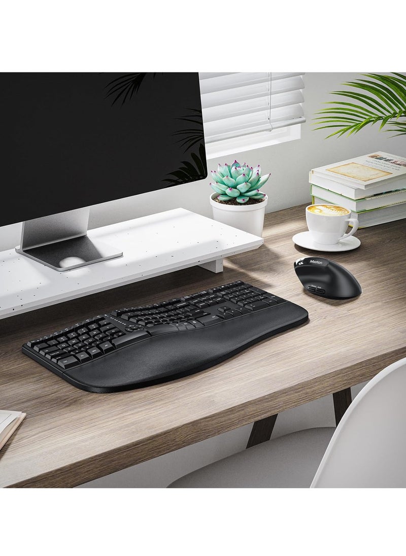 MEETION Director-C Ergonomic Wireless Keyboard and Mouse, Ergonomic Gaming Keyboard with Vertical Mouse, Split Arch Keyboard with Cushioned Wrist Palm Rest, Natural Typing Rechargeable Full Size, Windows/Mac/Computer/Laptop