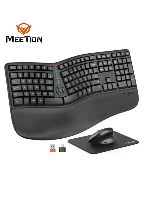 MEETION Director-C Ergonomic Wireless Keyboard and Mouse, Ergonomic Gaming Keyboard with Vertical Mouse, Split Arch Keyboard with Cushioned Wrist Palm Rest, Natural Typing Rechargeable Full Size, Windows/Mac/Computer/Laptop