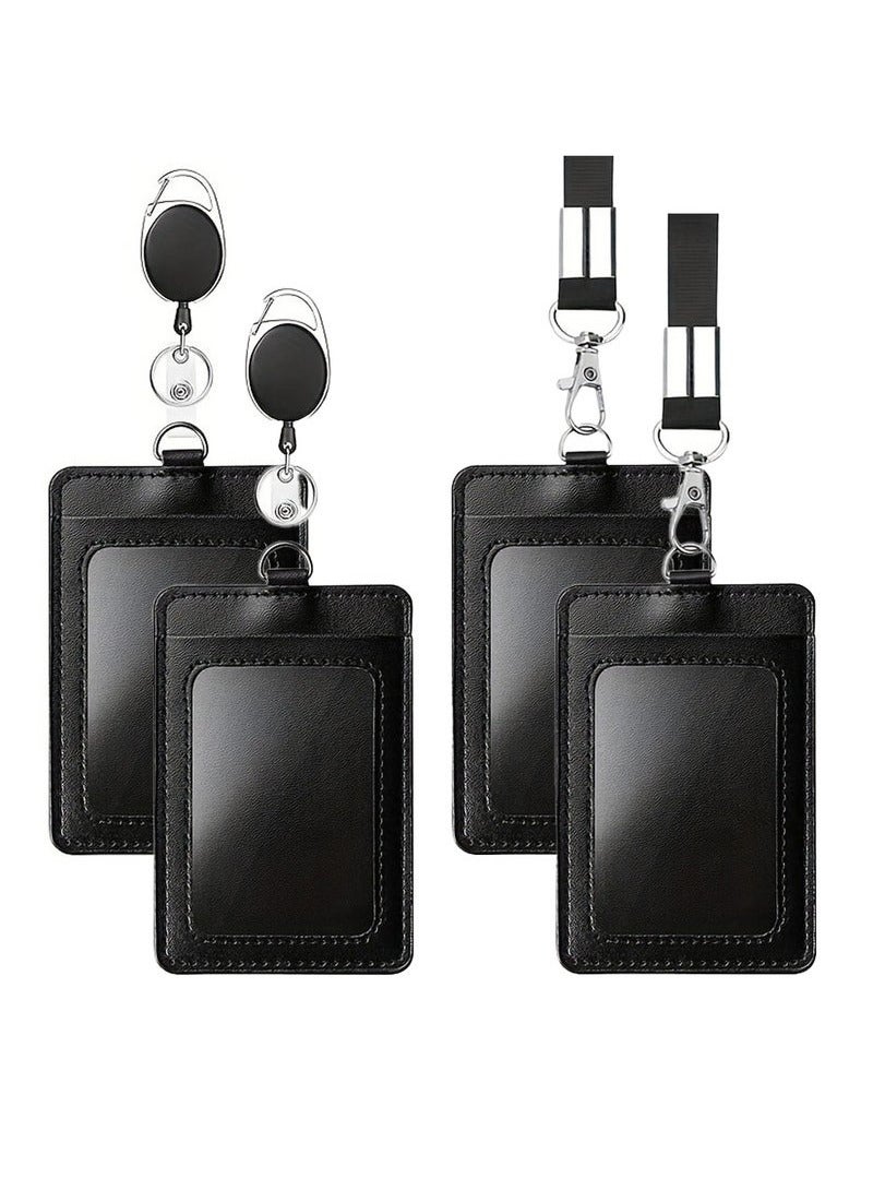 Generic 4-Pack ID Card Holder With Detachable Neck Lanyard Strap And Retractable Badge Reel Clip Keychain Leather ID Badge Holder Set For Work School And Metro Card,Black.  - Image 1