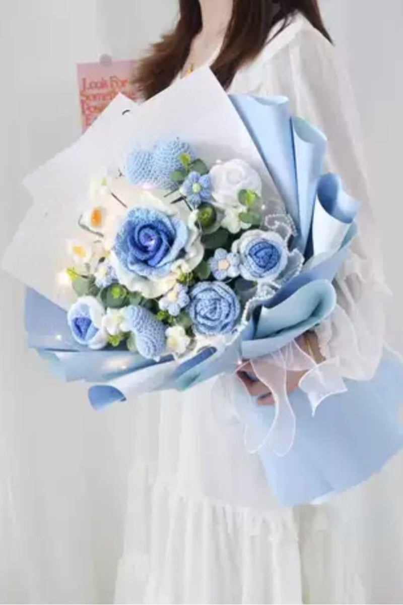 i diD New Creative Gift Handmade Knitting Large Bouquet Flowers Cotton Crochet Flowers with LED Lights in Clear Bag, Suitable for valantine's Day ,Wedding , Birthday, Mother's Day, Women's Day, All Events - Image 3