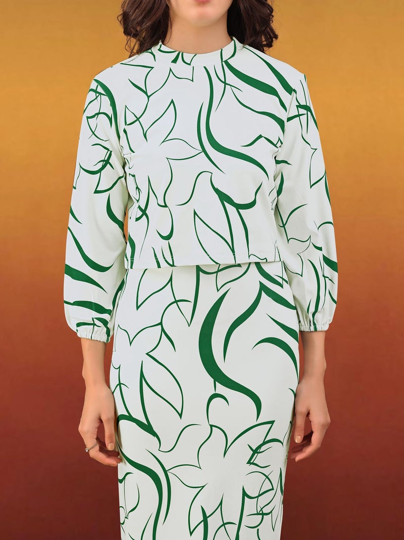 PURVAJA Women’s Puff Sleeve Midi Printed Green Co-Ords (Maxi-046-L) - Image 3